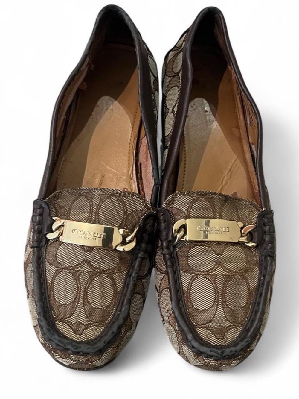 Coach Olive Signature Monogram Loafers Brown Tan Gold Logo Plaque Size 9.5